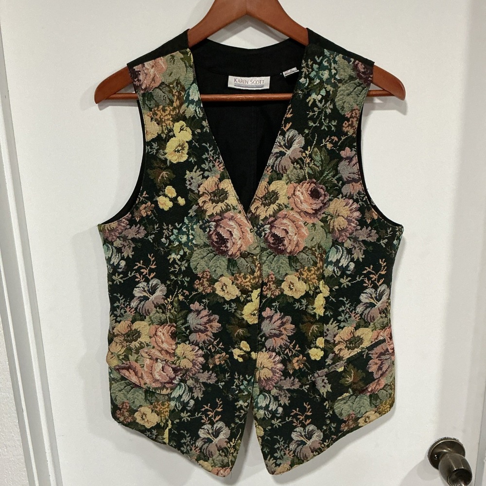 Vintage Karen Scott Floral Tapestry Vest, Medium, Whimsigoth, Dark Academia, 90s